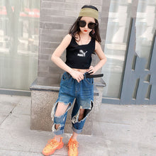 Load image into Gallery viewer, Spring Summer girls jeans baby denim pants kids harem trousers children streetwear dark blue irregular hollow out 3 to 12 yrs
